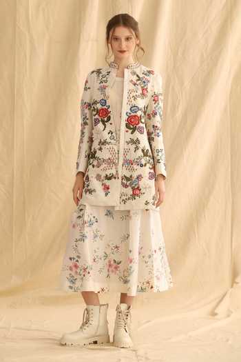 Buy Dried Flowers Multi Color Silk, Cotton, Chanderi Mandarin Collar Embroidered Floral Jacket Online at Aza Fashions Buy_Dried Flowers_Multi Color Silk, Cotton, Chanderi Mandarin Collar Embroidered Floral Jacket _Online_at_Aza_Fashions