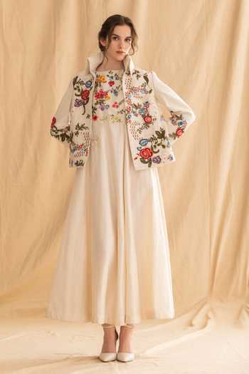 Dried Flowers Silk Chanderi Hand Embroidered Jacket 
