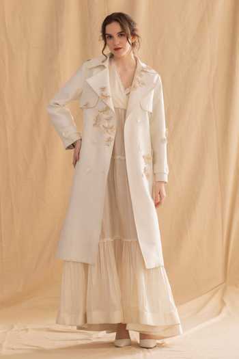 Dried Flowers_Ivory Silk, Cotton Collared Neck 3d Embroidered Raw Jacket _Online_at_Aza_Fashions