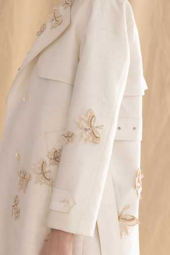 Shop_Dried Flowers_Ivory Silk, Cotton Collared Neck 3d Embroidered Raw Jacket _Online_at_Aza_Fashions