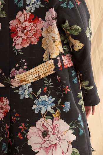 Shop Dried Flowers Black Silk, Cotton Floral Print Raw Jacket Online at Aza Fashions Shop_Dried Flowers_Black Silk, Cotton Floral Print Raw Jacket _Online_at_Aza_Fashions