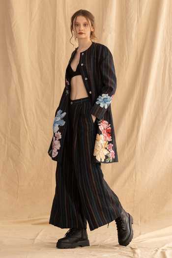 Dried Flowers_Black Silk, Cotton Round Neck Stripe Print Raw Jacket _Online_at_Aza_Fashions