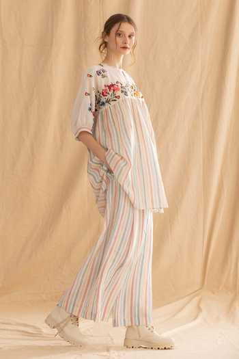 Dried Flowers_Multi Color Silk, Chanderi, Linen Embroidered Stripe Pattern Tunic And Pant Set _Online_at_Aza_Fashions