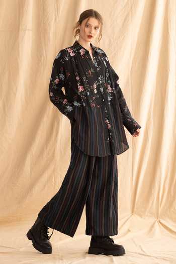 Dried Flowers Black Linen Collared Neck Floral And Stripe Pure Shirt & Pant Set Online at Aza Fashions Dried Flowers_Black Linen Collared Neck Floral And Stripe Pure Shirt & Pant Set _Online_at_Aza_Fashions