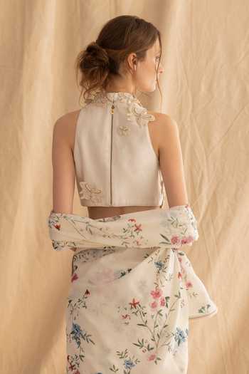 Buy Dried Flowers Ivory Cotton, Silk, Chanderi Halter Neck Handwoven Printed Saree And Blouse Set Online at Aza Fashions Buy_Dried Flowers_Ivory Cotton, Silk, Chanderi Halter Neck Handwoven Printed Saree And Blouse Set _Online_at_Aza_Fashions