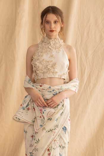 Shop Dried Flowers Ivory Cotton, Silk, Chanderi Halter Neck Handwoven Printed Saree And Blouse Set Online at Aza Fashions Shop_Dried Flowers_Ivory Cotton, Silk, Chanderi Halter Neck Handwoven Printed Saree And Blouse Set _Online_at_Aza_Fashions