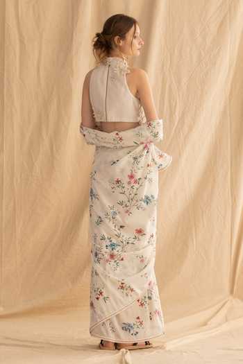 Dried Flowers Handwoven Cotton Printed Saree & Blouse Set 