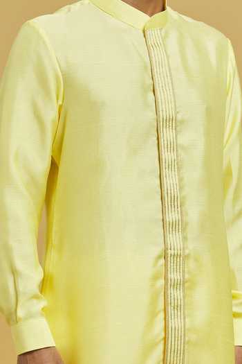 Rng Safawala_Yellow Cotton, Silk Embroidery Placket Kurta And Pant Set For Kids_Online_at_Aza_Fashions