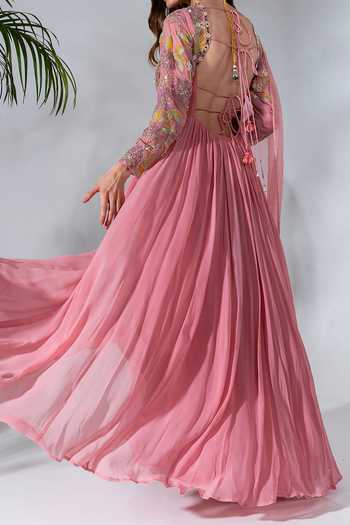 Neha Khullar Floral Applique Pink Anarkali Set For Kids