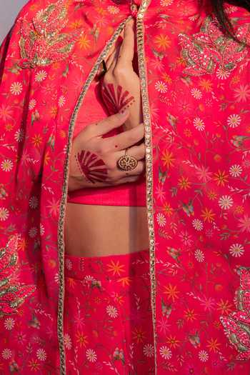 Redpine Designs Pink Viscose Embroidery, Sequins Floral Cape Pant Set For Kids Online at Aza Fashions Redpine Designs_Pink Viscose Embroidery, Sequins Floral Cape Pant Set For Kids_Online_at_Aza_Fashions
