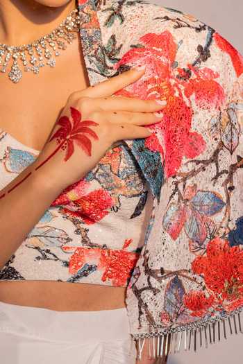 Redpine Designs White Silk, Viscose Sequins, Embroidery Blooming Floral Short Cape Skirt Set Online at Aza Fashions Redpine Designs_White Silk, Viscose Sequins, Embroidery Blooming Floral Short Cape Skirt Set _Online_at_Aza_Fashions