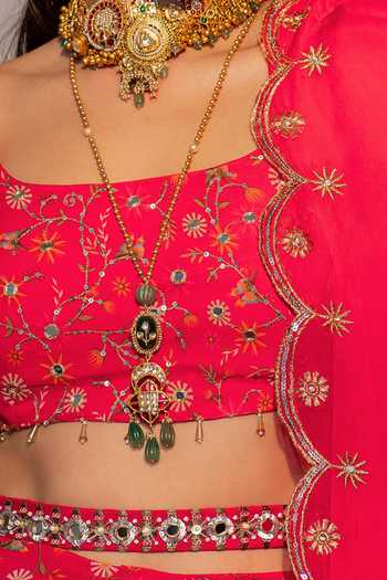 Redpine Designs_Pink Viscose, Georgette, Organza, Crepe Floral Garden Print Lehenga Set For Kids_Online_at_Aza_Fashions