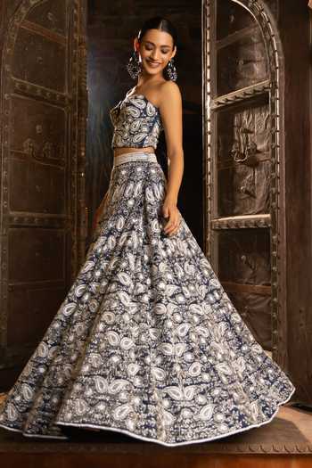 Devkalii Blue Organza Sequins, Beads, Stones, Cut Work Paisley Embroidered Lehenga Set at Aza Fashions Devkalii_Blue Organza Sequins, Beads, Stones, Cut Work Paisley Embroidered Lehenga Set _at_Aza_Fashions