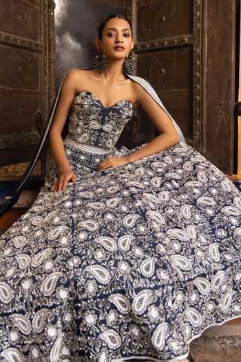 Shop Devkalii Blue Organza Sequins, Beads, Stones, Cut Work Paisley Embroidered Lehenga Set Shop_Devkalii_Blue Organza Sequins, Beads, Stones, Cut Work Paisley Embroidered Lehenga Set