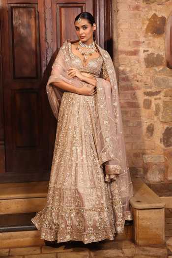 Buy_Devkalii_Gold Net Sweetheart Neck Hand Embroidered Lehenga Set _Online_at_Aza_Fashions