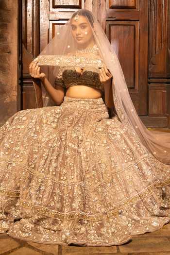 Devkalii_Gold Net Sweetheart Neck Hand Embroidered Lehenga Set _at_Aza_Fashions