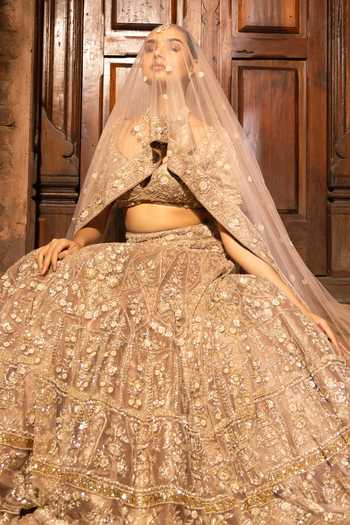 Buy_Devkalii_Gold Net Sweetheart Neck Hand Embroidered Lehenga Set 
