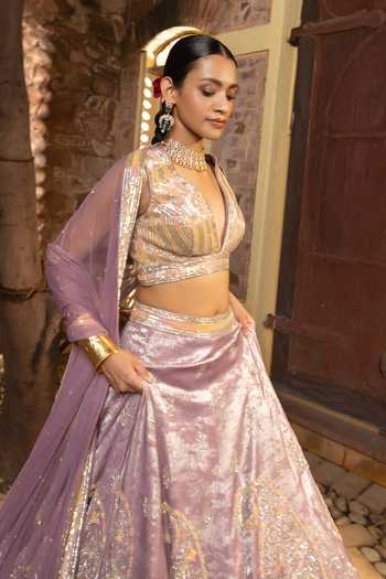 Shop Devkalii Pink Net V-neck Sequin Work Lehenga Set Online at Aza Fashions Shop_Devkalii_Pink Net V-neck Sequin Work Lehenga Set _Online_at_Aza_Fashions