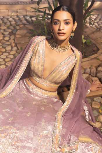 Buy Devkalii Pink Net V-neck Sequin Work Lehenga Set Buy_Devkalii_Pink Net V-neck Sequin Work Lehenga Set