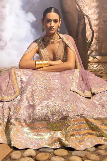 Shop Devkalii Pink Net V-neck Sequin Work Lehenga Set Shop_Devkalii_Pink Net V-neck Sequin Work Lehenga Set