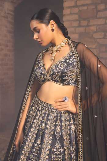 Shop Devkalii Black Net V-neck Floral Embroidered Lehenga Set Online at Aza Fashions Shop_Devkalii_Black Net V-neck Floral Embroidered Lehenga Set _Online_at_Aza_Fashions