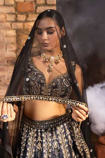 Shop Devkalii Black Net V-neck Floral Embroidered Lehenga Set Shop_Devkalii_Black Net V-neck Floral Embroidered Lehenga Set