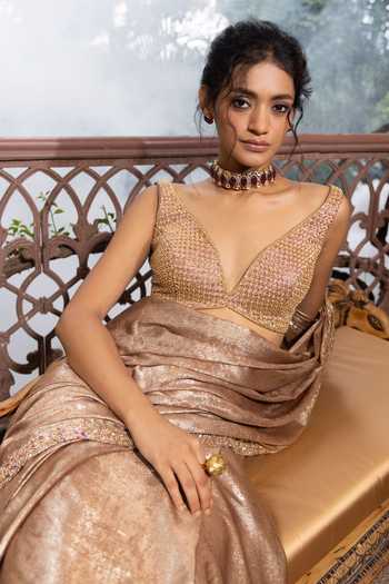 Shop Devkalii Gold V-neck Shimmer Saree With Embroidered Blouse Online at Aza Fashions Shop_Devkalii_Gold V-neck Shimmer Saree With Embroidered Blouse _Online_at_Aza_Fashions