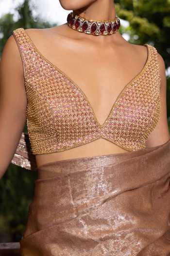 Devkalii Gold V-neck Shimmer Saree With Embroidered Blouse at Aza Fashions Devkalii_Gold V-neck Shimmer Saree With Embroidered Blouse _at_Aza_Fashions