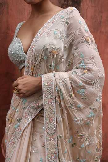 Buy Devkalii Beige Organza Sweetheart Neck Embroidered Saree With Blouse Buy_Devkalii_Beige Organza Sweetheart Neck Embroidered Saree With Blouse