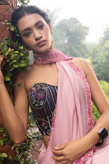 Buy Devkalii Pink Organza Sweetheart Neck Hand Embellished Saree With Blouse Buy_Devkalii_Pink Organza Sweetheart Neck Hand Embellished Saree With Blouse