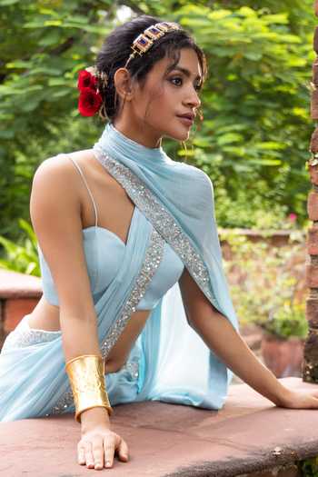 Buy Devkalii Sky Blue Organza Sweetheart Neck Border Embellished Saree With Blouse Online at Aza Fashions Buy_Devkalii_Sky Blue Organza Sweetheart Neck Border Embellished Saree With Blouse _Online_at_Aza_Fashions