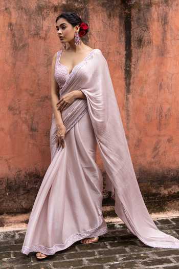 Devkalii_Blush Organza Plunge Neck Border Embroidered Saree With Blouse _Online_at_Aza_Fashions