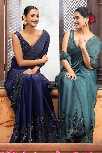 Buy Devkalii Blue Organza Leaf Neck Hand-embroidered Saree And Blouse Set Online at Aza Fashions Buy_Devkalii_Blue Organza Leaf Neck Hand-embroidered Saree And Blouse Set _Online_at_Aza_Fashions