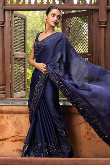 Shop Devkalii Blue Organza Leaf Neck Hand-embroidered Saree And Blouse Set Online at Aza Fashions Shop_Devkalii_Blue Organza Leaf Neck Hand-embroidered Saree And Blouse Set _Online_at_Aza_Fashions