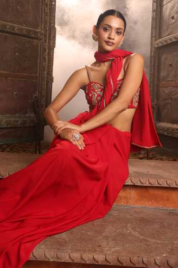Devkalii Peacock Hand Embroidered Blouse With Pre-Draped Saree 