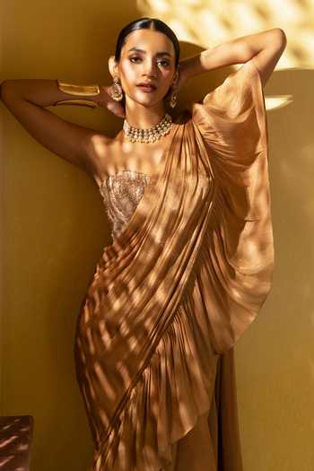 Shop Devkalii Brown Organza Embroidery, Sequins Ruffle Pre-draped Saree And Blouse Set Online at Aza Fashions Shop_Devkalii_Brown Organza Embroidery, Sequins Ruffle Pre-draped Saree And Blouse Set _Online_at_Aza_Fashions