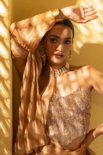 Devkalii Brown Organza Embroidery, Sequins Ruffle Pre-draped Saree And Blouse Set at Aza Fashions Devkalii_Brown Organza Embroidery, Sequins Ruffle Pre-draped Saree And Blouse Set _at_Aza_Fashions