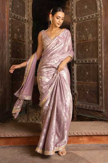 Devkalii_Pink V-neck Shimmer Hand Embroidered Saree With Blouse _at_Aza_Fashions