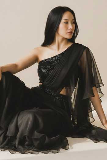 Buy_Devkalii_Black Organza V-neck Ruffle Pre-draped Saree And Blouse Set _Online_at_Aza_Fashions