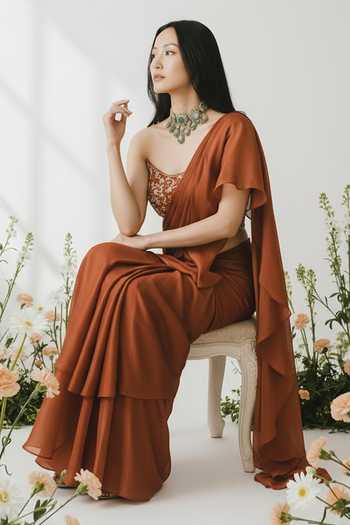 Devkalii Brown Organza Scoop Neck Ruffle Pre-draped Saree With Blouse Online at Aza Fashions Devkalii_Brown Organza Scoop Neck Ruffle Pre-draped Saree With Blouse _Online_at_Aza_Fashions
