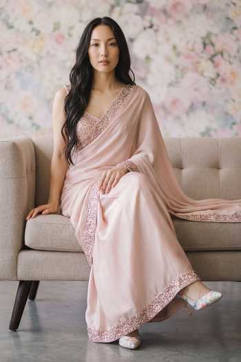 Buy Devkalii Pink Organza Sweetheart Neck Sequin Embellished Saree With Blouse Online at Aza Fashions Buy_Devkalii_Pink Organza Sweetheart Neck Sequin Embellished Saree With Blouse _Online_at_Aza_Fashions