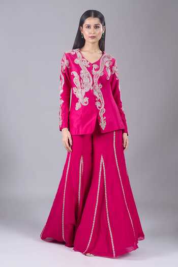 Charu And Vasundhara Fuchsia V-neck Paisley Embroidered Jacket And Sharara Set Online at Aza Fashions Charu And Vasundhara_Fuchsia V-neck Paisley Embroidered Jacket And Sharara Set _Online_at_Aza_Fashions