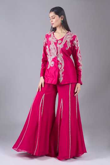 Buy Charu And Vasundhara Fuchsia V-neck Paisley Embroidered Jacket And Sharara Set Online at Aza Fashions Buy_Charu And Vasundhara_Fuchsia V-neck Paisley Embroidered Jacket And Sharara Set _Online_at_Aza_Fashions
