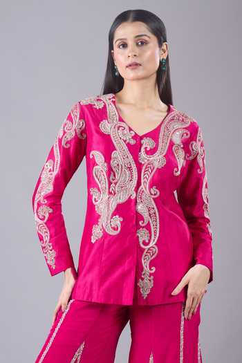 Shop Charu And Vasundhara Fuchsia V-neck Paisley Embroidered Jacket And Sharara Set Online at Aza Fashions Shop_Charu And Vasundhara_Fuchsia V-neck Paisley Embroidered Jacket And Sharara Set _Online_at_Aza_Fashions