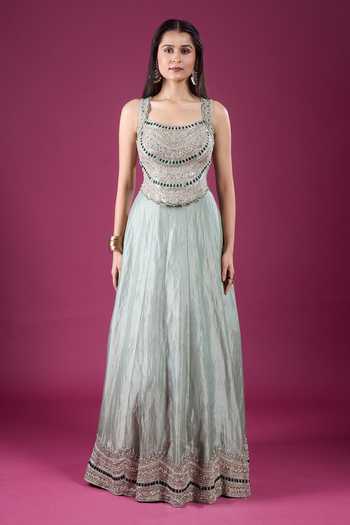 Charu And Vasundhara Green Square Neck Embroidered Blouse Lehenga Set at Aza Fashions Charu And Vasundhara_Green Square Neck Embroidered Blouse Lehenga Set _at_Aza_Fashions