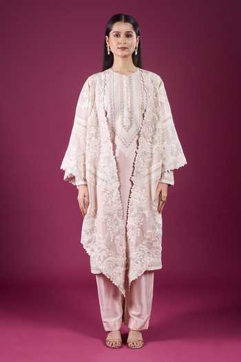 Anamika Khanna_Pink Round Neck Embroidered Cape Kurta Set _Online_at_Aza_Fashions