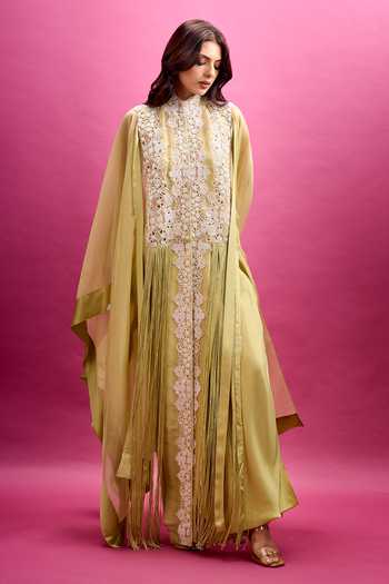 Shop_Anamika Khanna_Green Scoop Neck Embroidered Cape Draped Skirt Set _Online_at_Aza_Fashions