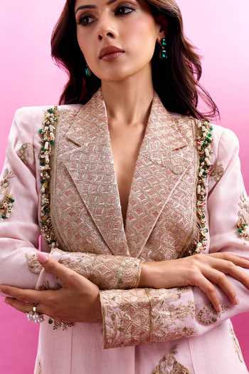 Shop_Anamika Khanna_Pink Shawl Neck Placket Embroidered Blazer And Sharara Set _Online_at_Aza_Fashions