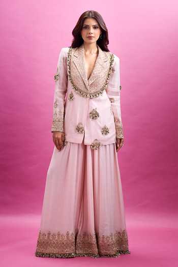 Anamika Khanna_Pink Shawl Neck Placket Embroidered Blazer And Sharara Set _at_Aza_Fashions
