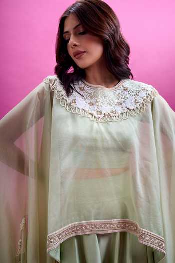 Anamika Khanna_Green Round , Scoop Placement Embroidered Cape Draped Pant Set _Online_at_Aza_Fashions